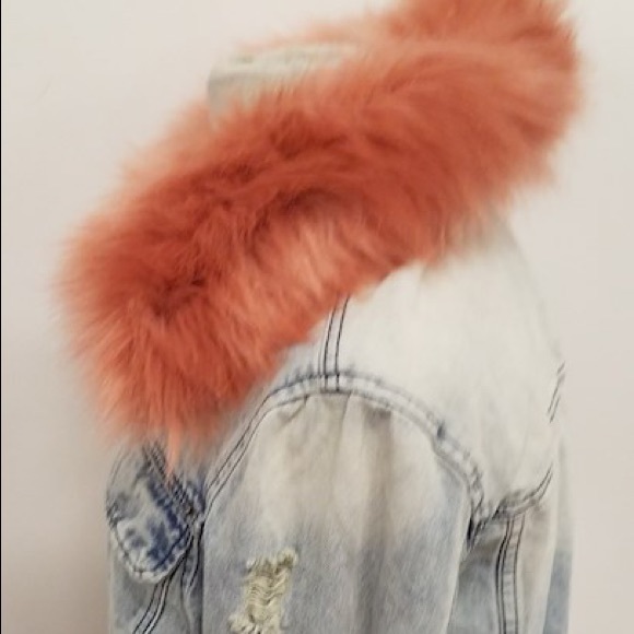 Ava/Kris distressed jean jacket w/ fox fur collar - Picture 6 of 6